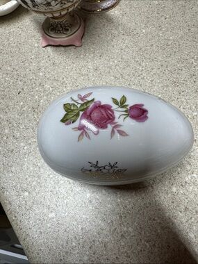 White Ceramic Trinket Box with Pink Rose Motif
